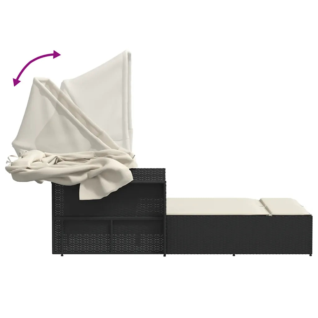 Lettino Prendisole | Sdraio da giardino | Lettino da sole Doppio Baldacchino e Cuscini Nero Polyrattan