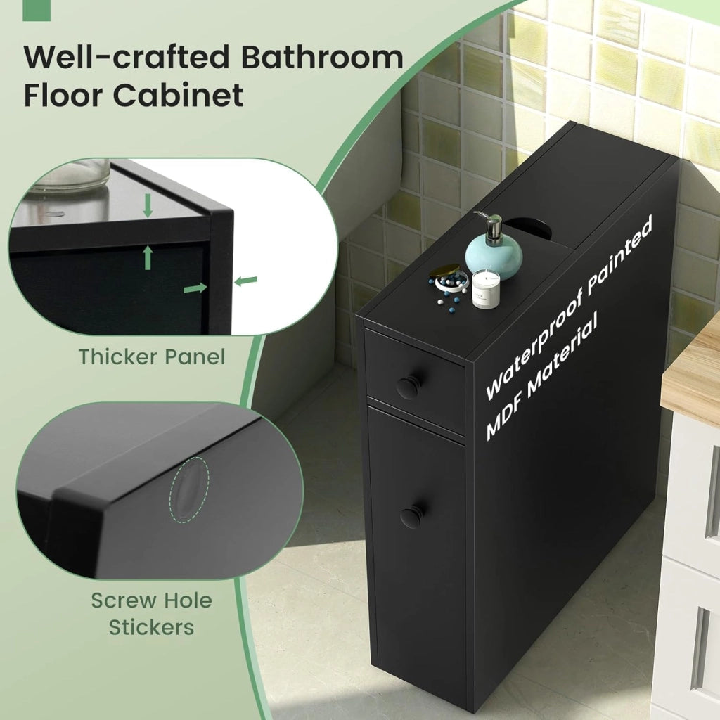 Mobile portaoggetti stretto con 2 cassetti, armadio salvaspazio ideale per spazio di ripostiglio, colonna del bagno, cucina, ufficio, WC, 48 x 16 x 58 cm (nero), QF42884FQFR