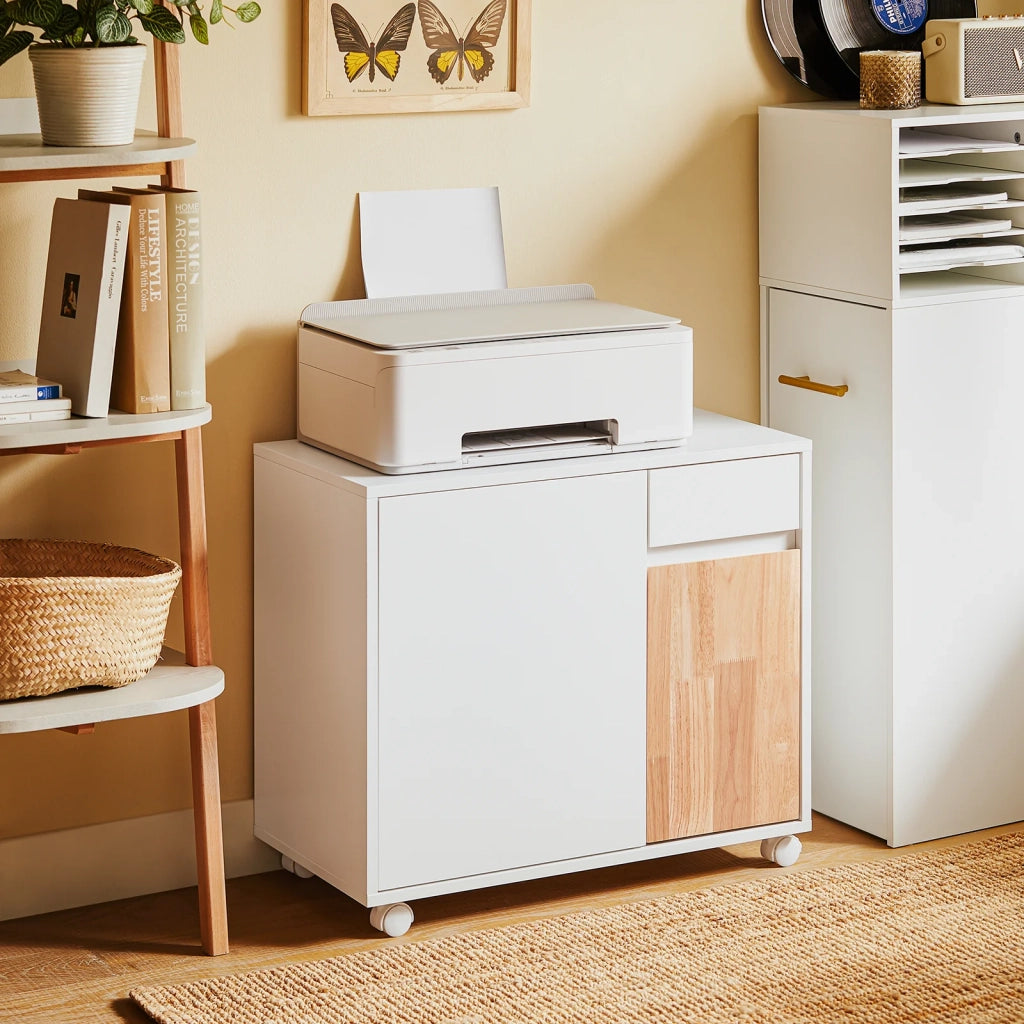 SoBuy Carrello da ufficio Carrello Portaoggetti con Cassetto Tavolino stampante Bianco-Naturale 65x25x58cm ASK04-WN
