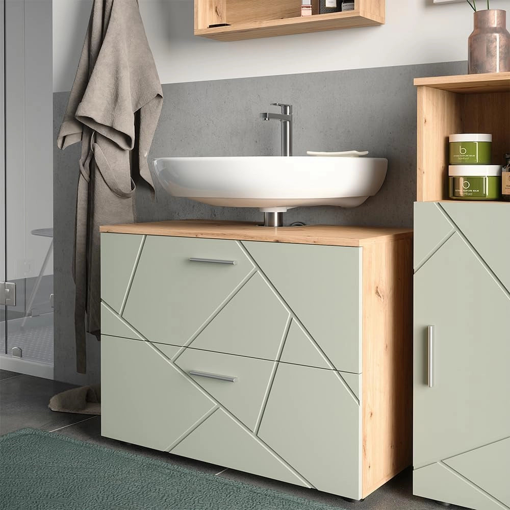 Mobile sottolavabo per bagno Irma, Verde salvia, 80 x 58.6 cm con cassetti, adatto per l'installazione sopra il sifone con aperture di aerazione