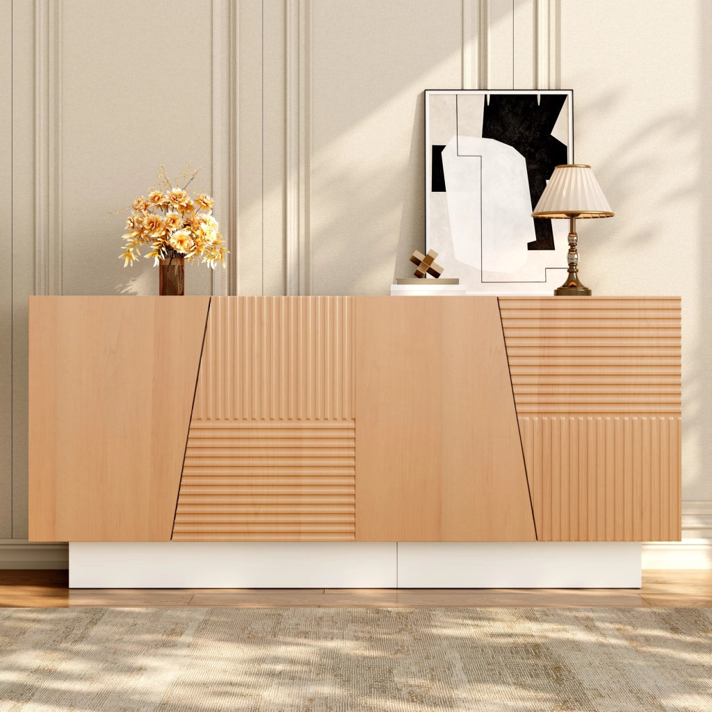 Credenza moderna con 4 ante; 160 cm; ripiani regolabili; MDF e truciolare; bianca e naturale