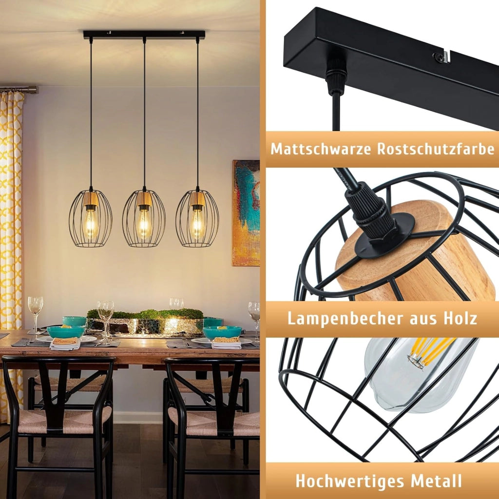 Lampada a sospensione ZMH 3 luci E27 vintage nera lampada a sospensione da cucina per soggiorno camera da letto