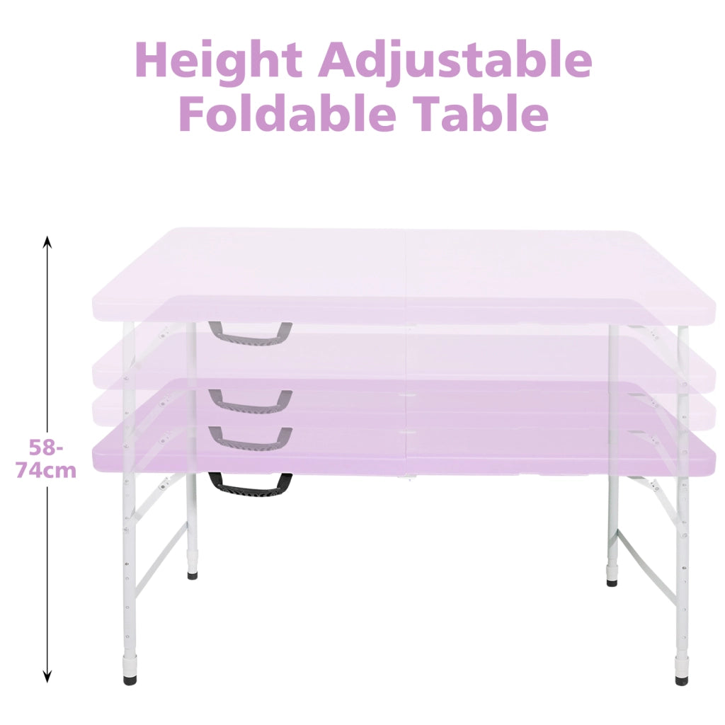 Tavolo pieghevole con maniglia, in plastica ad alta densità e struttura in acciaio, per interni ed esterni, viola, 125 × 61 × 58-74 cm