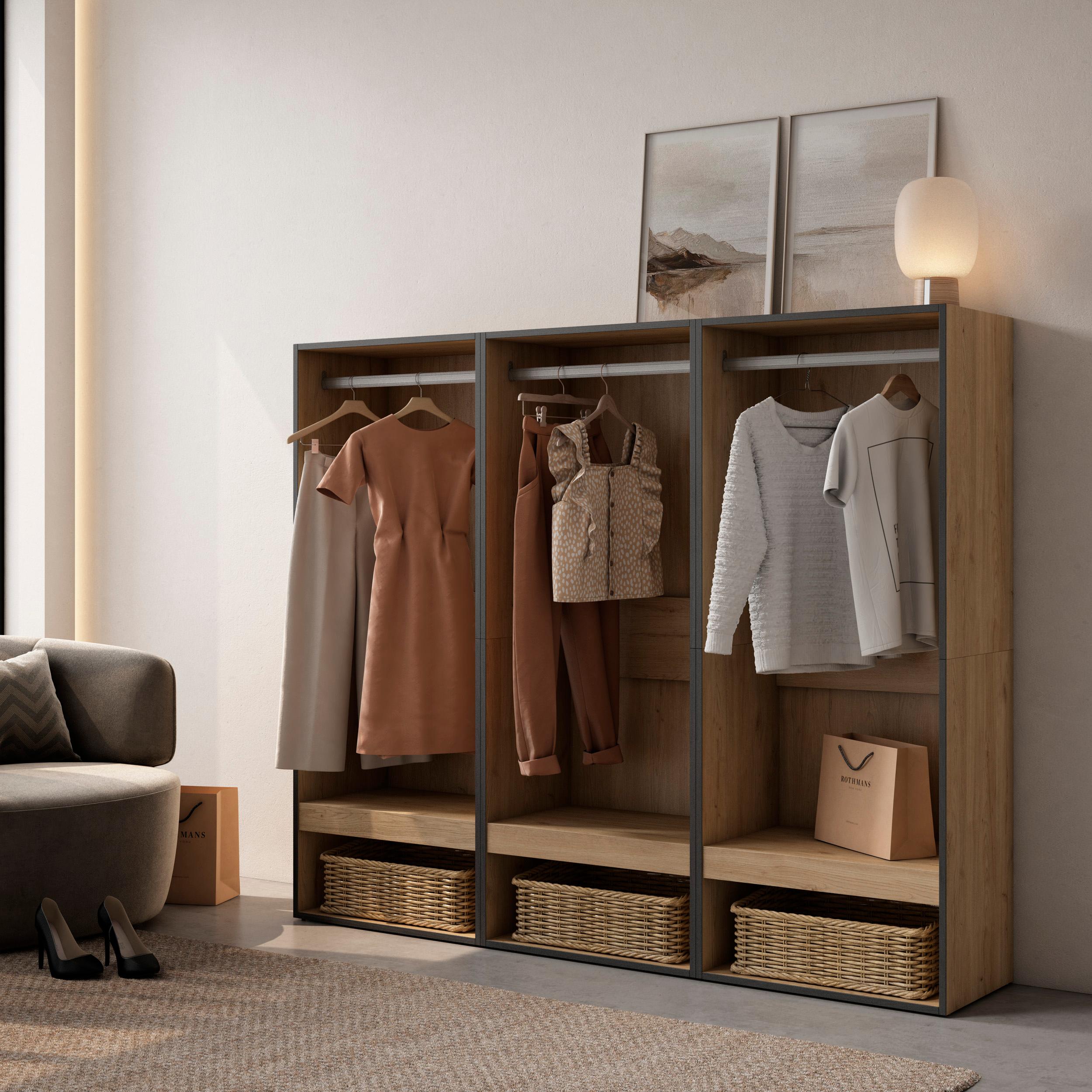 Armadio Aperto, 180x35x145cm, Camera da letto, Vestiti, scarpe, colore Rovere RF3497