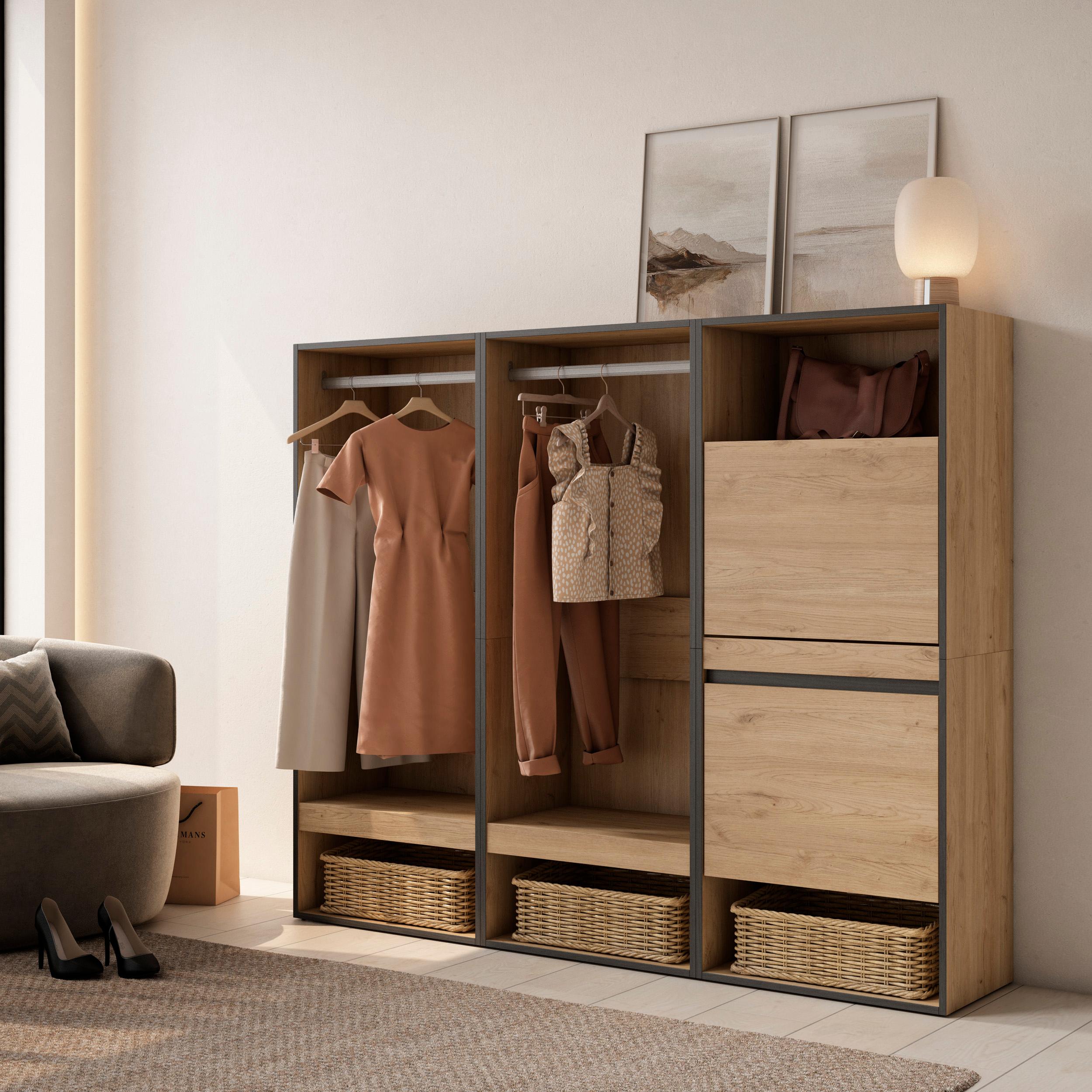 Armadio Aperto, 180x35x145cm, Camera da letto, Scarpiera, colore Rovere RF3496