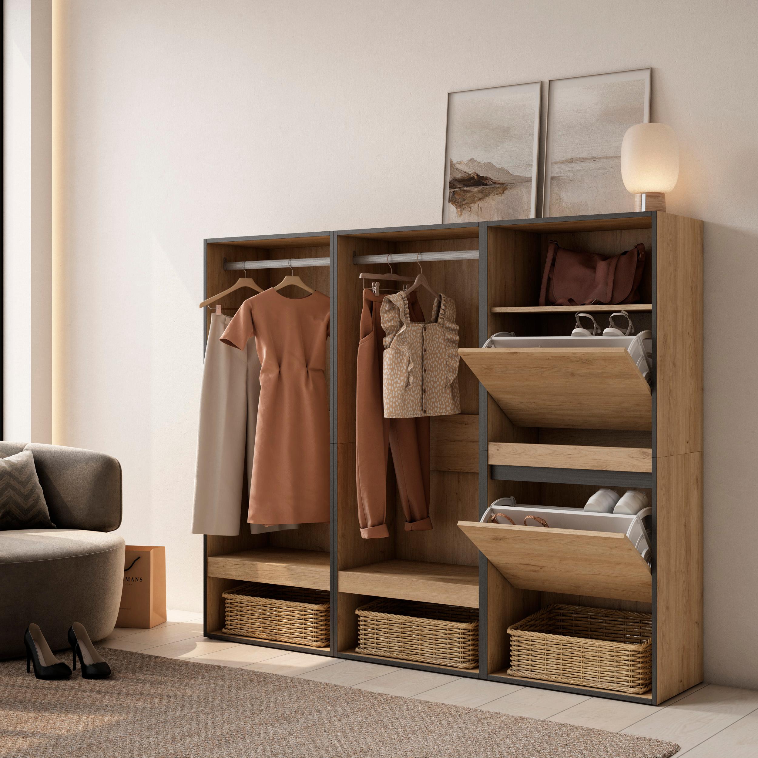 Armadio Aperto, 180x35x145cm, Camera da letto, Scarpiera, colore Rovere RF3496