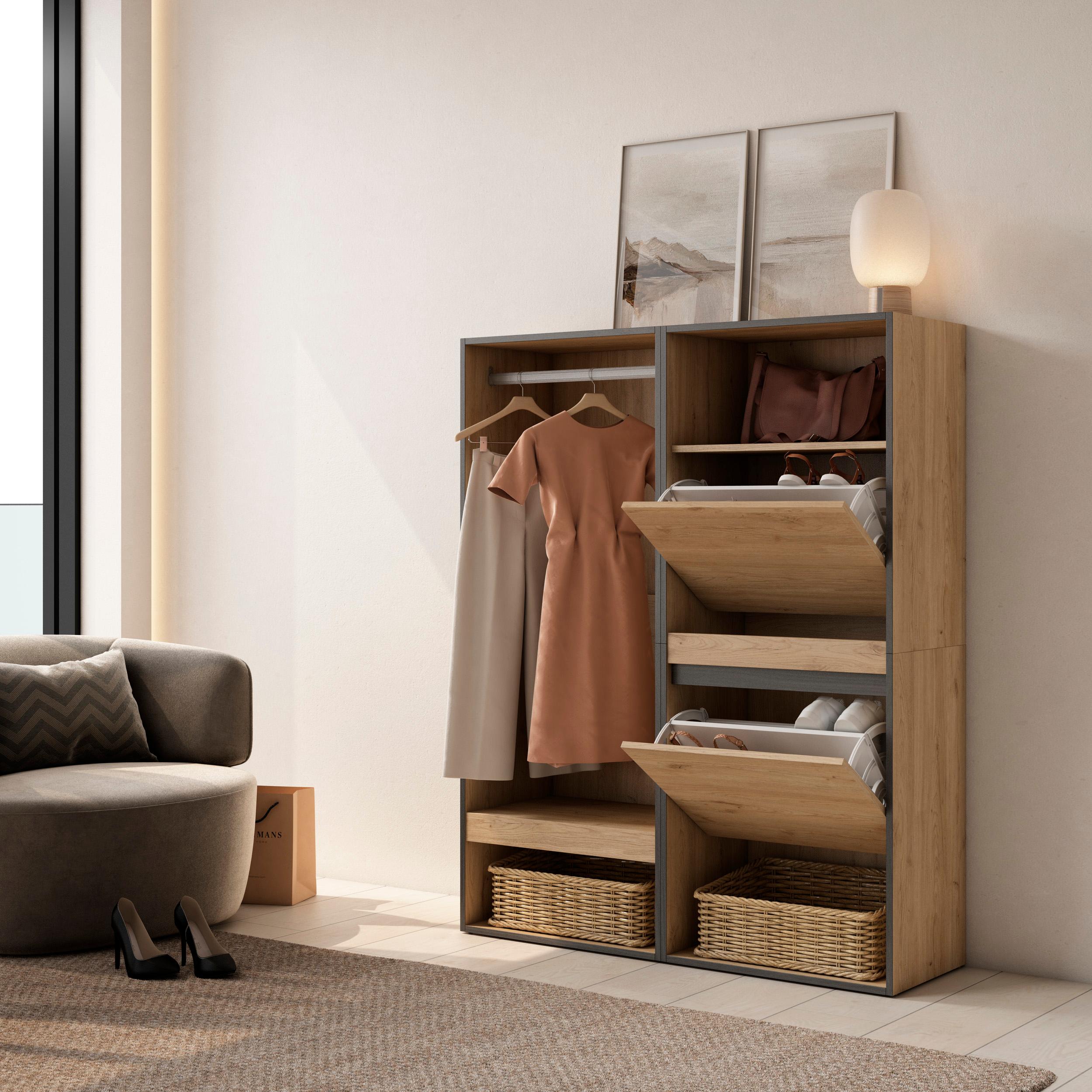 Armadio Aperto, 120x35x145cm, Camera da letto, Scarpiera, colore Rovere RF3494