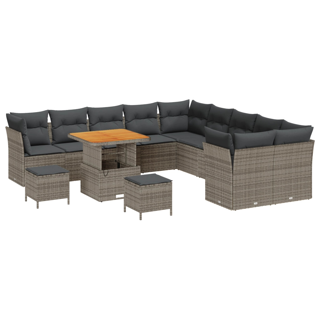 Set di Divani da Giardino con Cuscini da 13 Pezzi Grigio Rattan Polietilene Acacia
