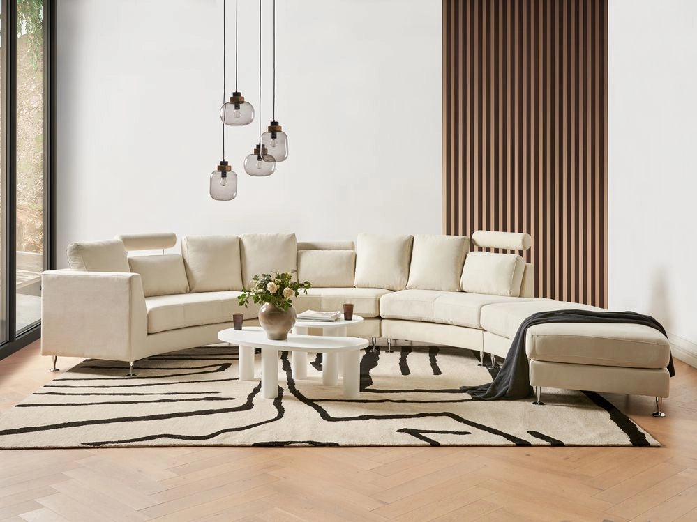 Divano Curvo Beige Tappezzeria Modulare 8 Posti Poggiatesta Regolabile Moderno