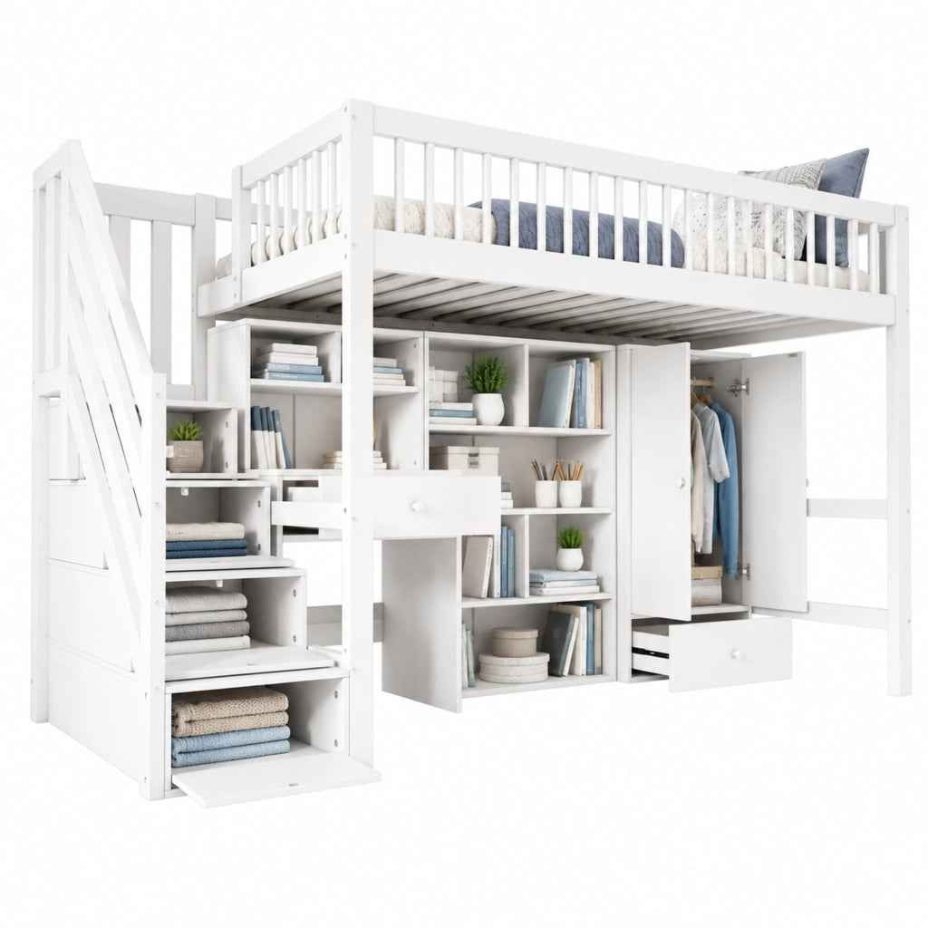 Letto singolo multifunzionale 90x200 cm con scrivania, scale contenitore e armadio, bianco