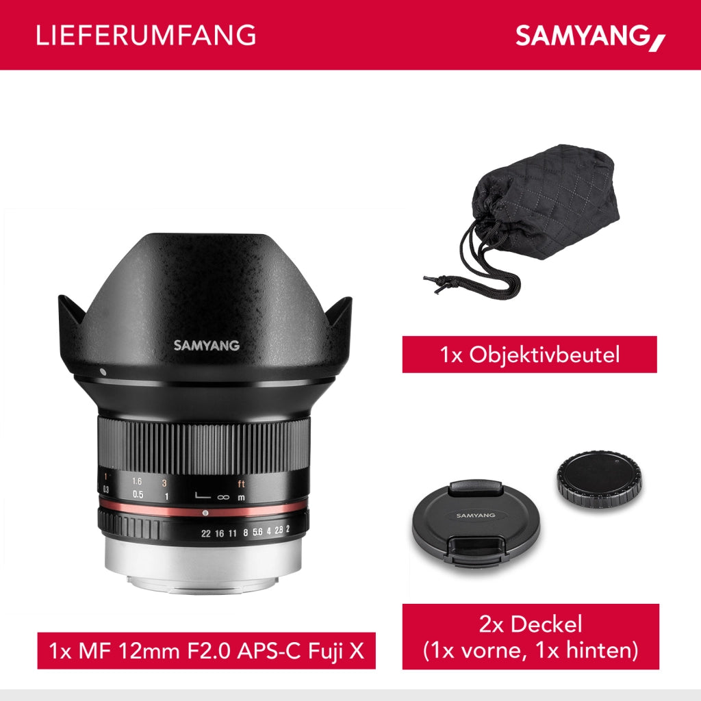 Obiettivo grandangolare fisso 12mm F2.0 APS-C per Fuji X-APS-C, MF – Fotocamera X-T5, X-H2, X-H2s, X-T4, X-T30, X-T30 II, X-T200, X-Pro3, X-A7, X-T100, X-T3 – nero