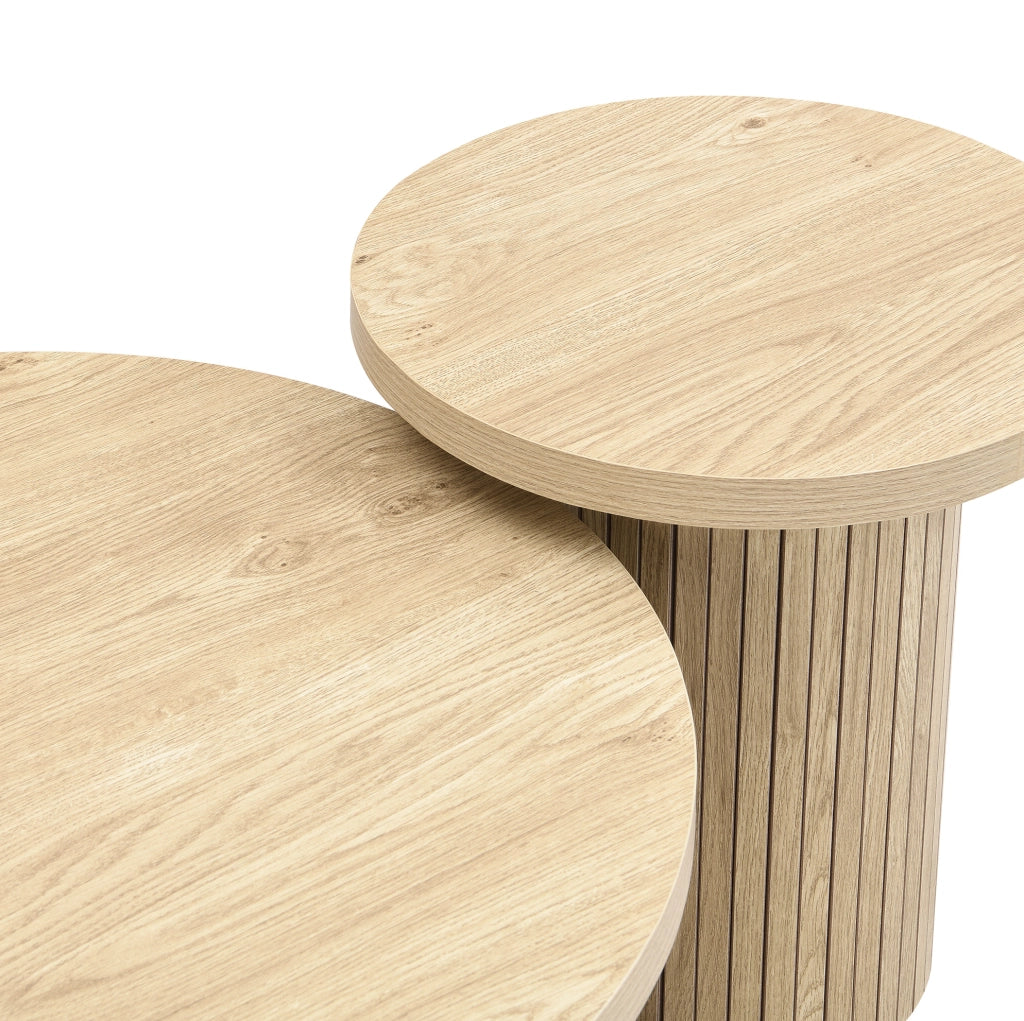 Set di tavolini rotondi moderni in MDF effetto legno naturale; 66 cm e 40 cm