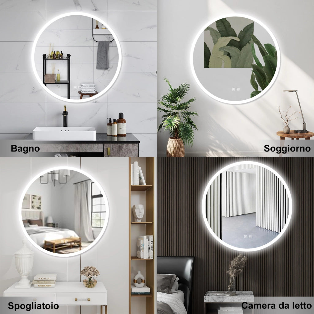 AICA Specchio da bagno 70 x 70 cm, 3 colori, antiappannamento, dimmerabile, interruttore touch, Funzione Memoria