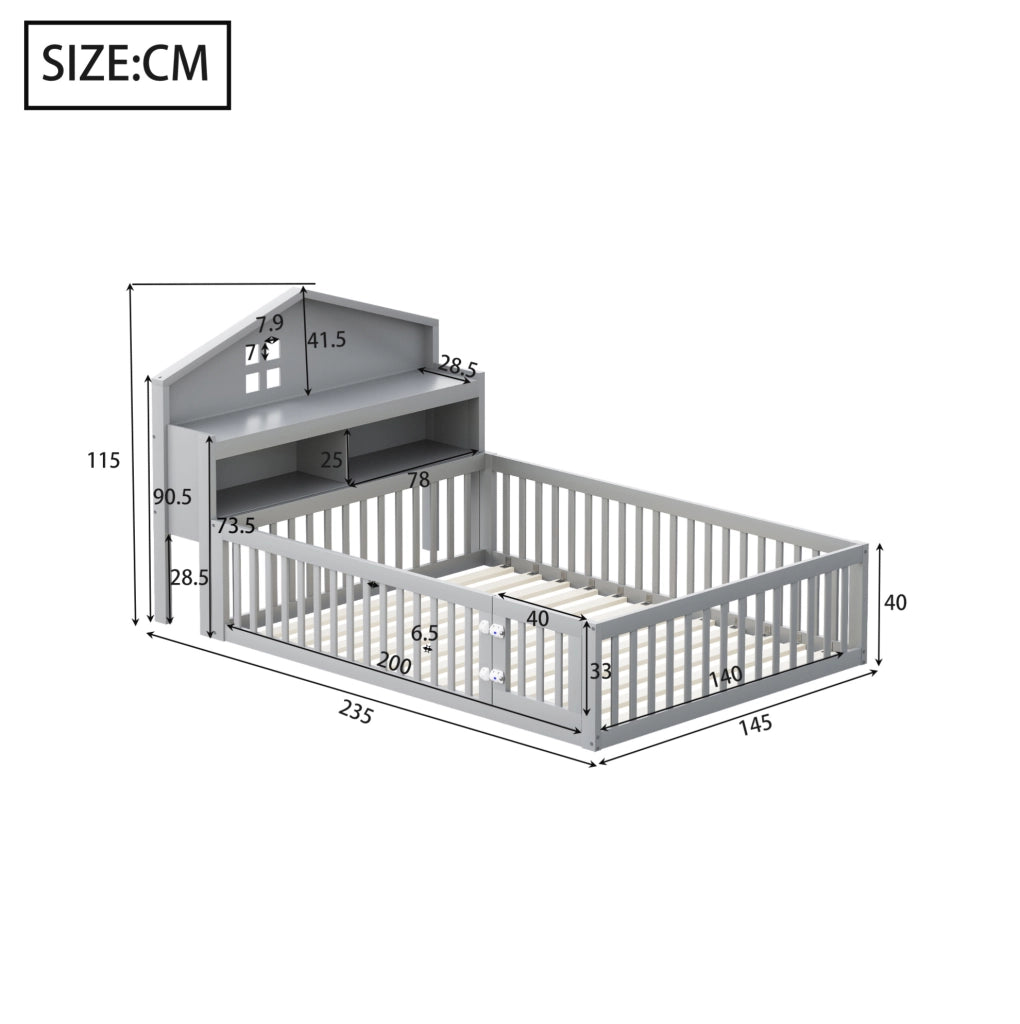 Letto per bambini a forma di casa 140x200 cm in legno massello grigio; con contenitore e rete a doghe
