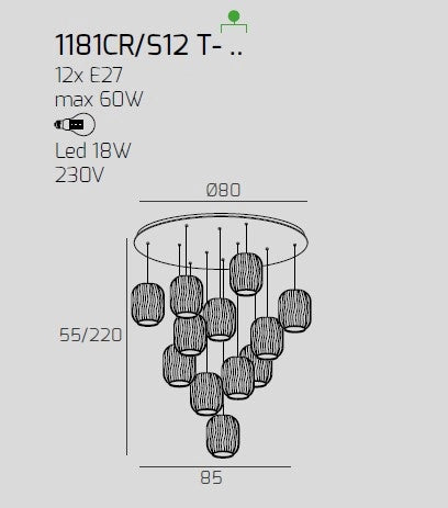 SOSPENSIONE CROMO 12 LUCI TONDA VETRI 3X TR + 3X AM + 2X FU + 2X VE + 2X BL 1181CR-S12 T-MC