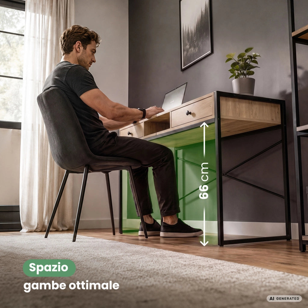 Scrivania industriale per computer Rovere Artisan ELONIS 123 cm 2 cassetti 1 ripiano gambe nere