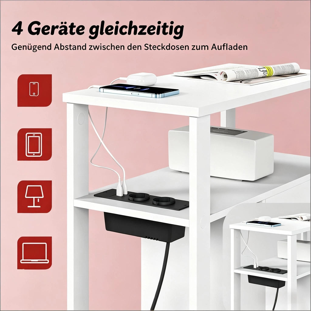 Tavolino basso con prese, 2 cassetti e 2 ripiani aperti, per soggiorno e camera, in legno, bianco, 60 × 60 × 30 cm