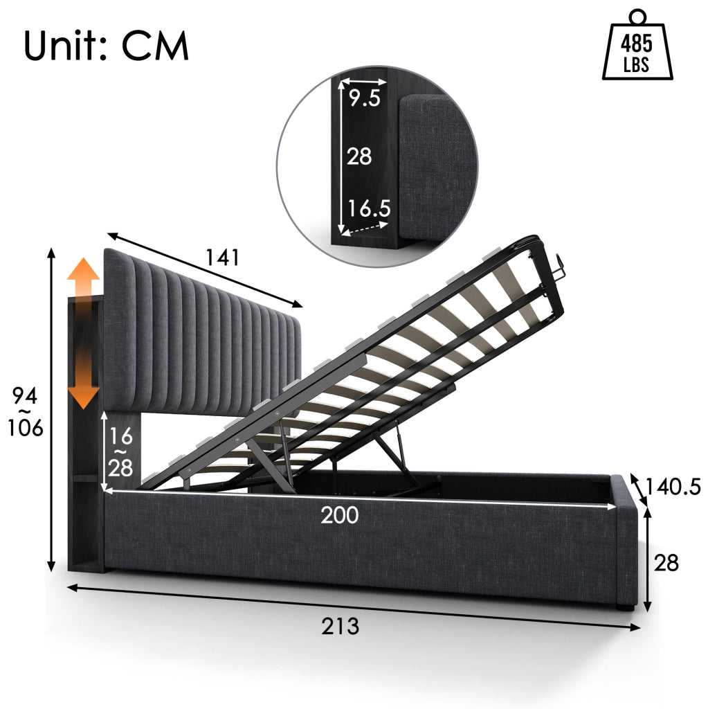 Letto imbottito 140x200 cm con contenitore; testiera LED App; USB e Type-C; grigio