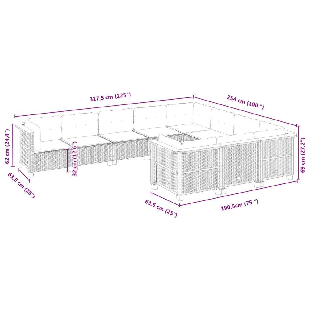Set Divano da Giardino 10 pz con Cuscini Grigio in Polyrattan 3262032