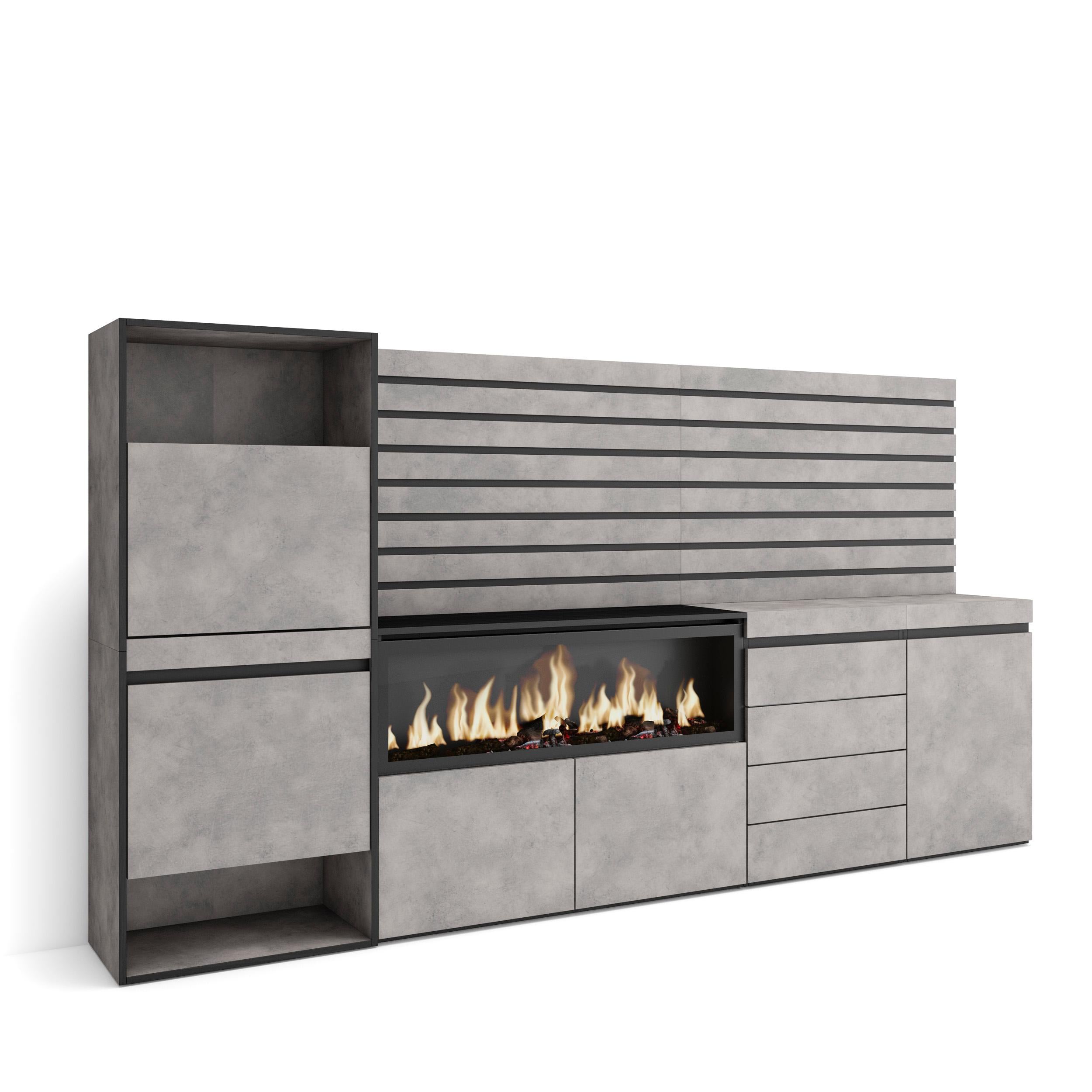 Scarpiera, 274x35x145cm, Camera da letto, Camino elettrico XXL, Cassettiera, Pannelli Decorativi, grigio cemento RF3561