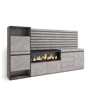 Scarpiera, 274x35x145cm, Camera da letto, Camino elettrico XXL, Cassettiera, Pannelli Decorativi, grigio cemento RF3561
