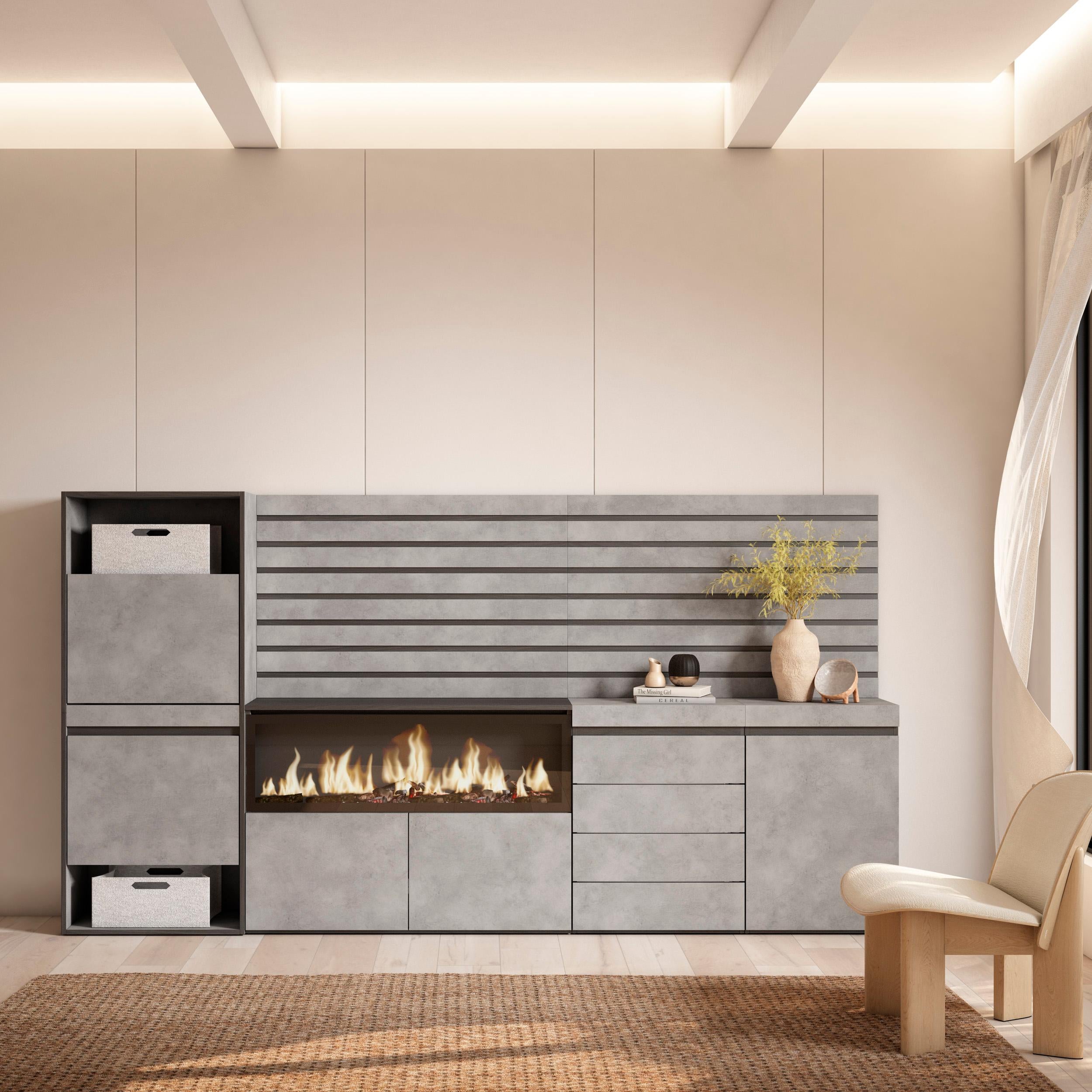 Scarpiera, 274x35x145cm, Camera da letto, Camino elettrico XXL, Cassettiera, Pannelli Decorativi, grigio cemento RF3561