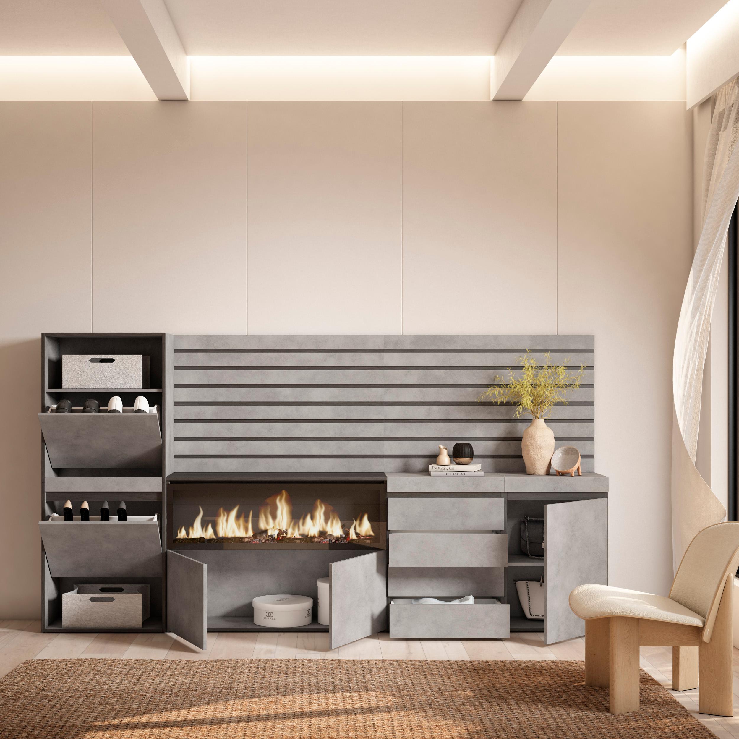 Scarpiera, 274x35x145cm, Camera da letto, Camino elettrico XXL, Cassettiera, Pannelli Decorativi, grigio cemento RF3561