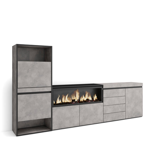 Scarpiera, 274x35x145cm, Camera da letto, Camino elettrico XXL, Cassettiera, grigio cemento RF3560