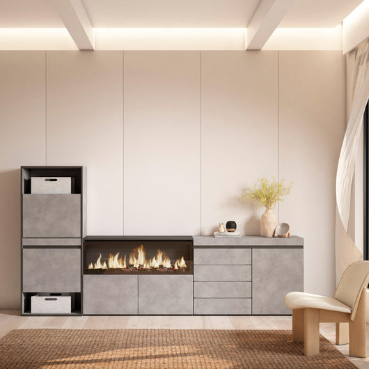 Scarpiera, 274x35x145cm, Camera da letto, Camino elettrico XXL, Cassettiera, grigio cemento RF3560