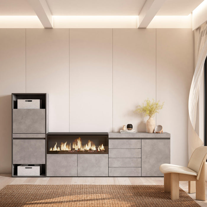 Scarpiera, 274x35x145cm, Camera da letto, Camino elettrico XXL, Cassettiera, grigio cemento RF3560