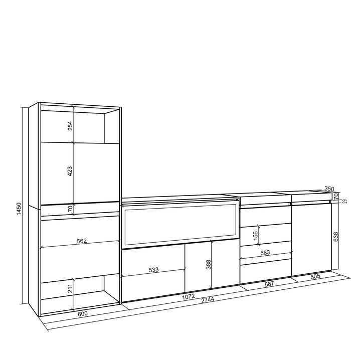 Scarpiera, 274x35x145cm, Camera da letto, Camino elettrico XXL, Cassettiera, grigio cemento RF3560
