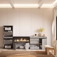 Scarpiera, 274x35x145cm, Camera da letto, Camino elettrico XXL, Cassettiera, grigio cemento RF3560