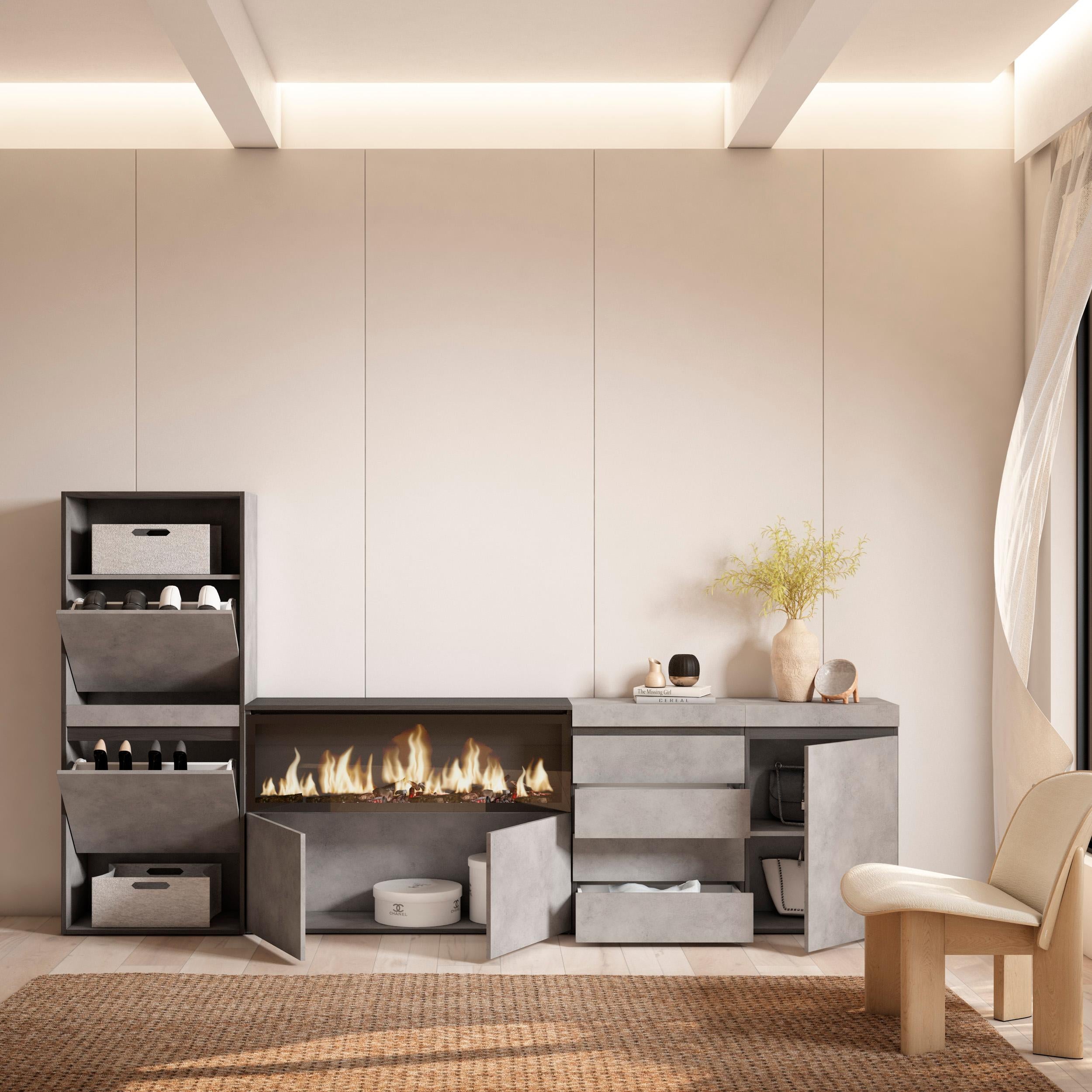 Scarpiera, 274x35x145cm, Camera da letto, Camino elettrico XXL, Cassettiera, grigio cemento RF3560