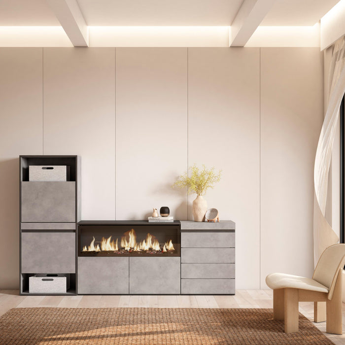 Scarpiera, 224x35x145cm, Camera da letto, Camino elettrico XXL, Cassettiera, grigio cemento RF3559