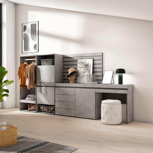 Scarpiera, 297x35x145cm, Camera da letto, Armadio Aperto, Cassettiera, Pannelli Decorativi, Tavolo da toeletta, grigio cemento RF3530