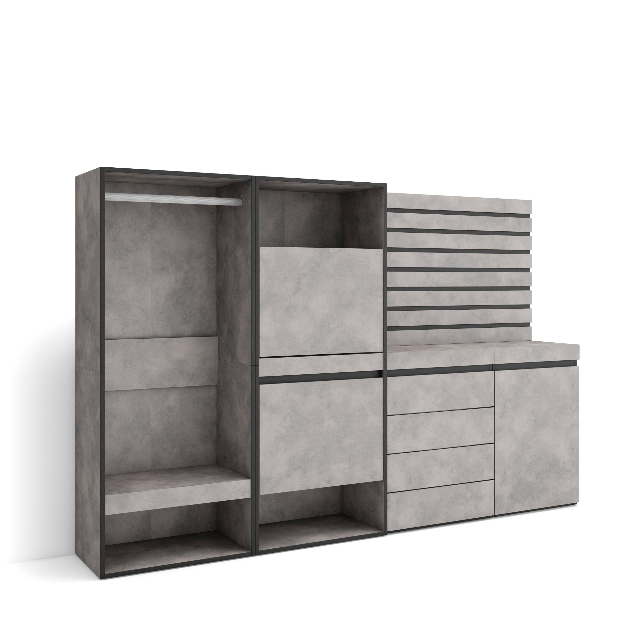 Scarpiera, 227x35x145cm, Camera da letto, Armadio Aperto, Cassettiera, Pannelli Decorativi, grigio cemento RF3521