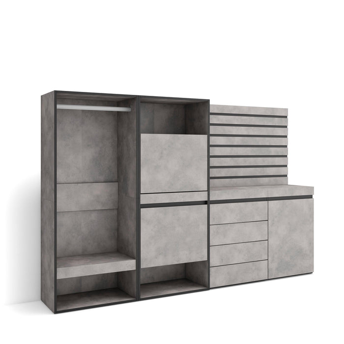 Scarpiera, 227x35x145cm, Camera da letto, Armadio Aperto, Cassettiera, Pannelli Decorativi, grigio cemento RF3521