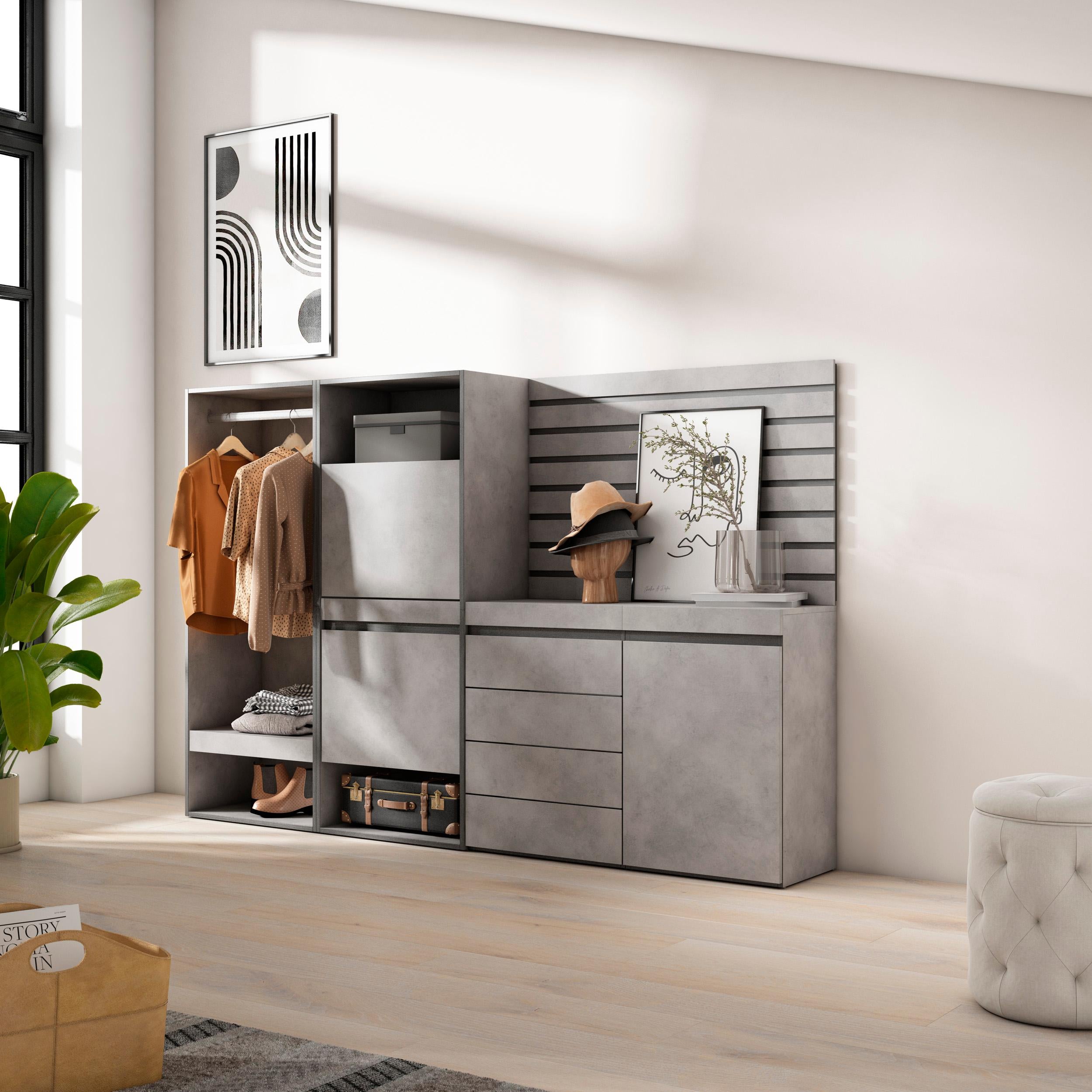 Scarpiera, 227x35x145cm, Camera da letto, Armadio Aperto, Cassettiera, Pannelli Decorativi, grigio cemento RF3521