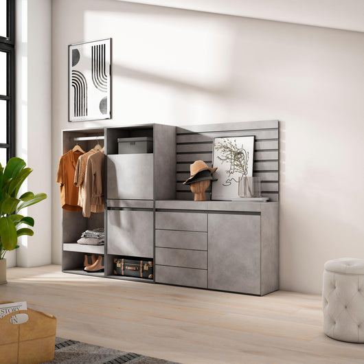 Scarpiera, 227x35x145cm, Camera da letto, Armadio Aperto, Cassettiera, Pannelli Decorativi, grigio cemento RF3521