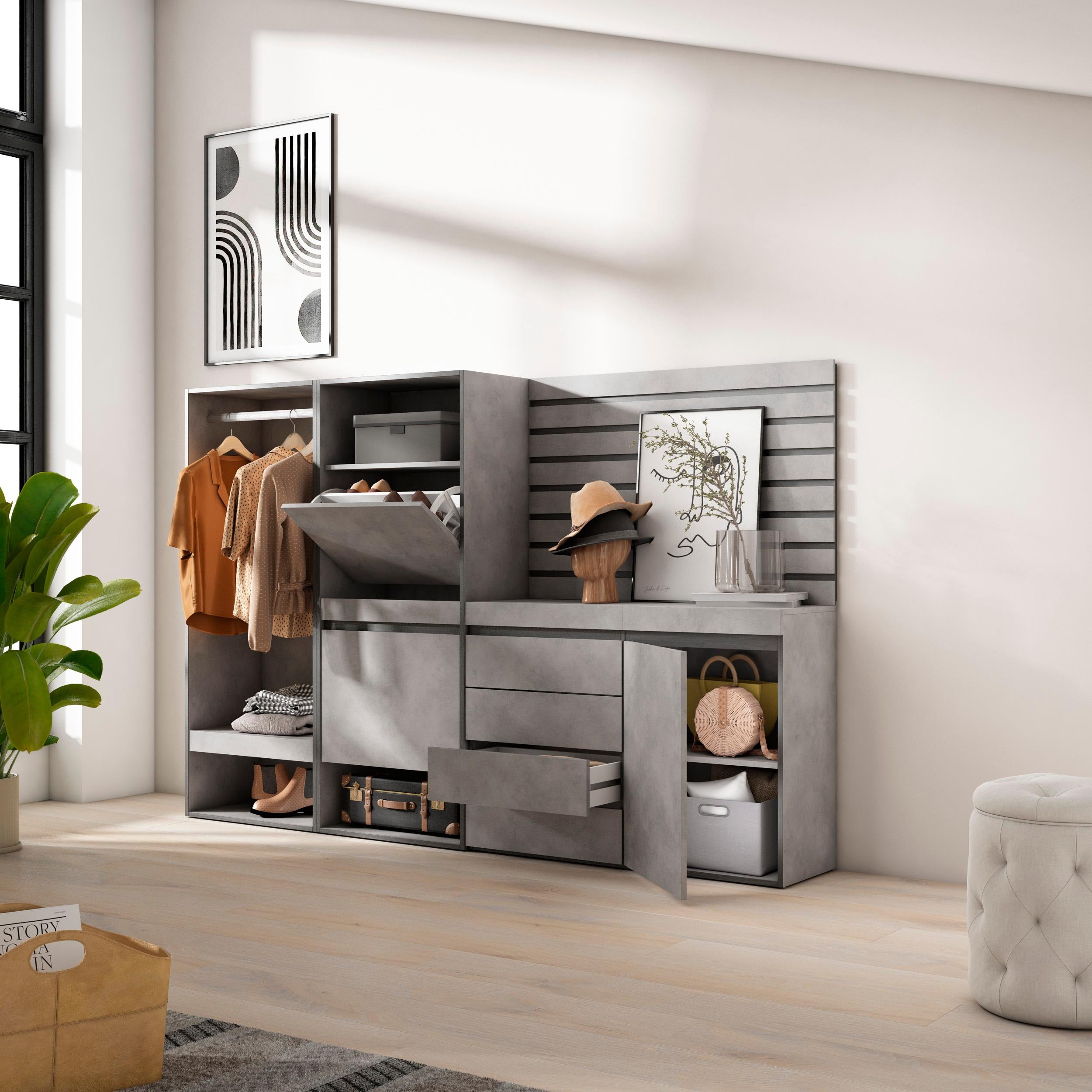 Scarpiera, 227x35x145cm, Camera da letto, Armadio Aperto, Cassettiera, Pannelli Decorativi, grigio cemento RF3521