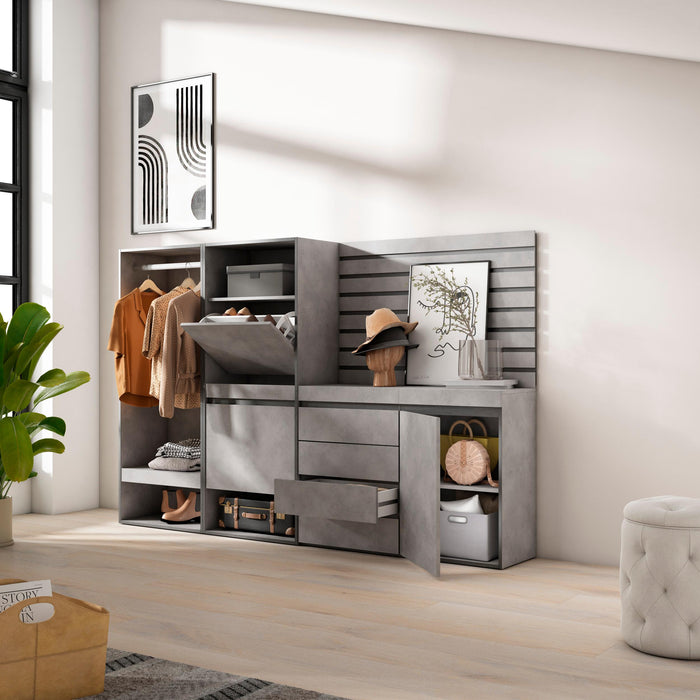 Scarpiera, 227x35x145cm, Camera da letto, Armadio Aperto, Cassettiera, Pannelli Decorativi, grigio cemento RF3521