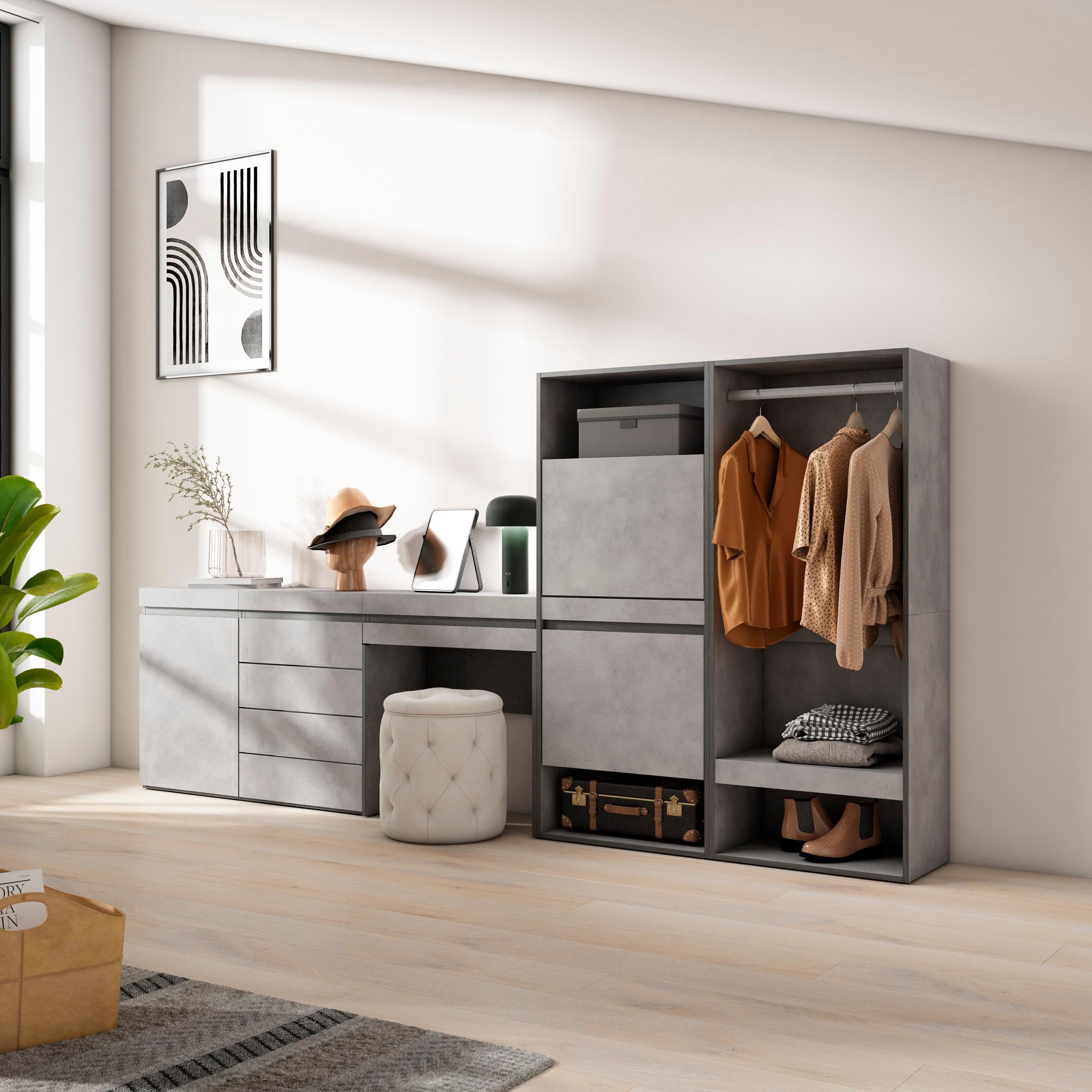 Scarpiera, 297x35x145cm, Camera da letto, Armadio Aperto, Cassettiera, Tavolo da toeletta, grigio cemento RF3529