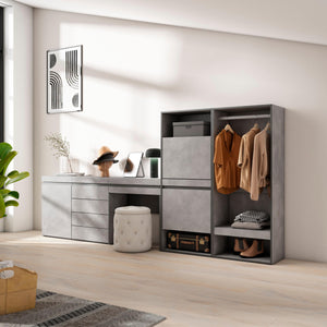 Scarpiera, 297x35x145cm, Camera da letto, Armadio Aperto, Cassettiera, Tavolo da toeletta, grigio cemento RF3529