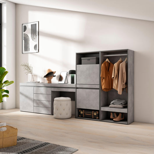 Scarpiera, 297x35x145cm, Camera da letto, Armadio Aperto, Cassettiera, Tavolo da toeletta, grigio cemento RF3529