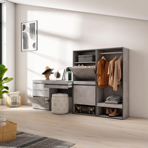 Scarpiera, 247x35x145cm, Camera da letto, Armadio Aperto, Cassettiera, Tavolo da toeletta, grigio cemento RF3520