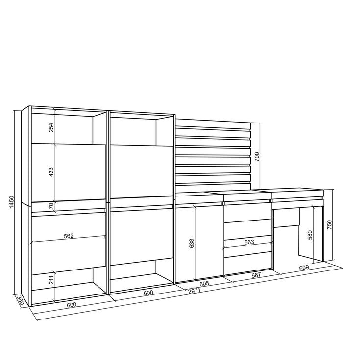 Scarpiera, 297x35x145cm, Camera da letto, Cassettiera, Pannelli Decorativi, Tavolo da toeletta, grigio cemento RF3532