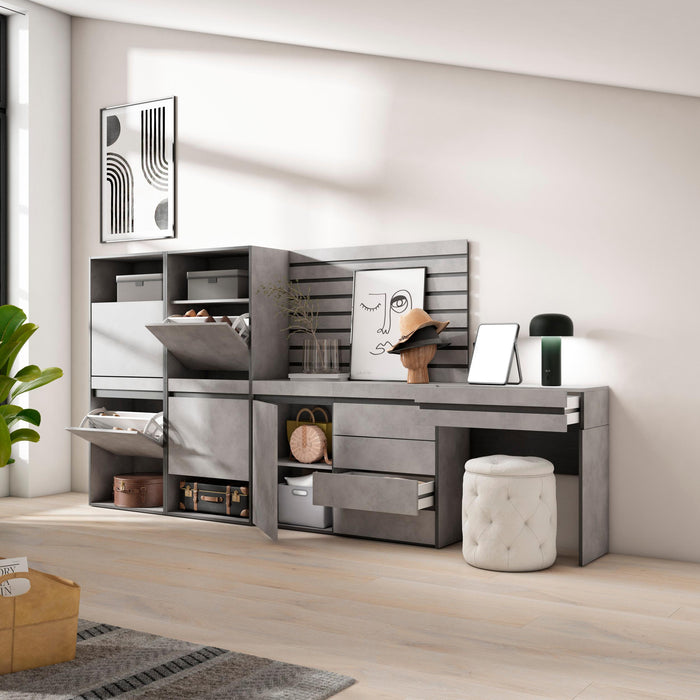 Scarpiera, 297x35x145cm, Camera da letto, Cassettiera, Pannelli Decorativi, Tavolo da toeletta, grigio cemento RF3532
