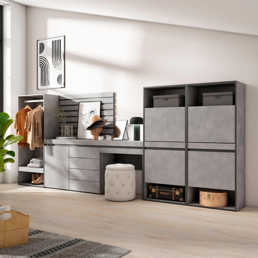 Scarpiera, 357x35x145cm, Camera da letto, Armadio Aperto, Cassettiera, Pannelli Decorativi, Tavolo da toeletta, grigio cemento RF3527