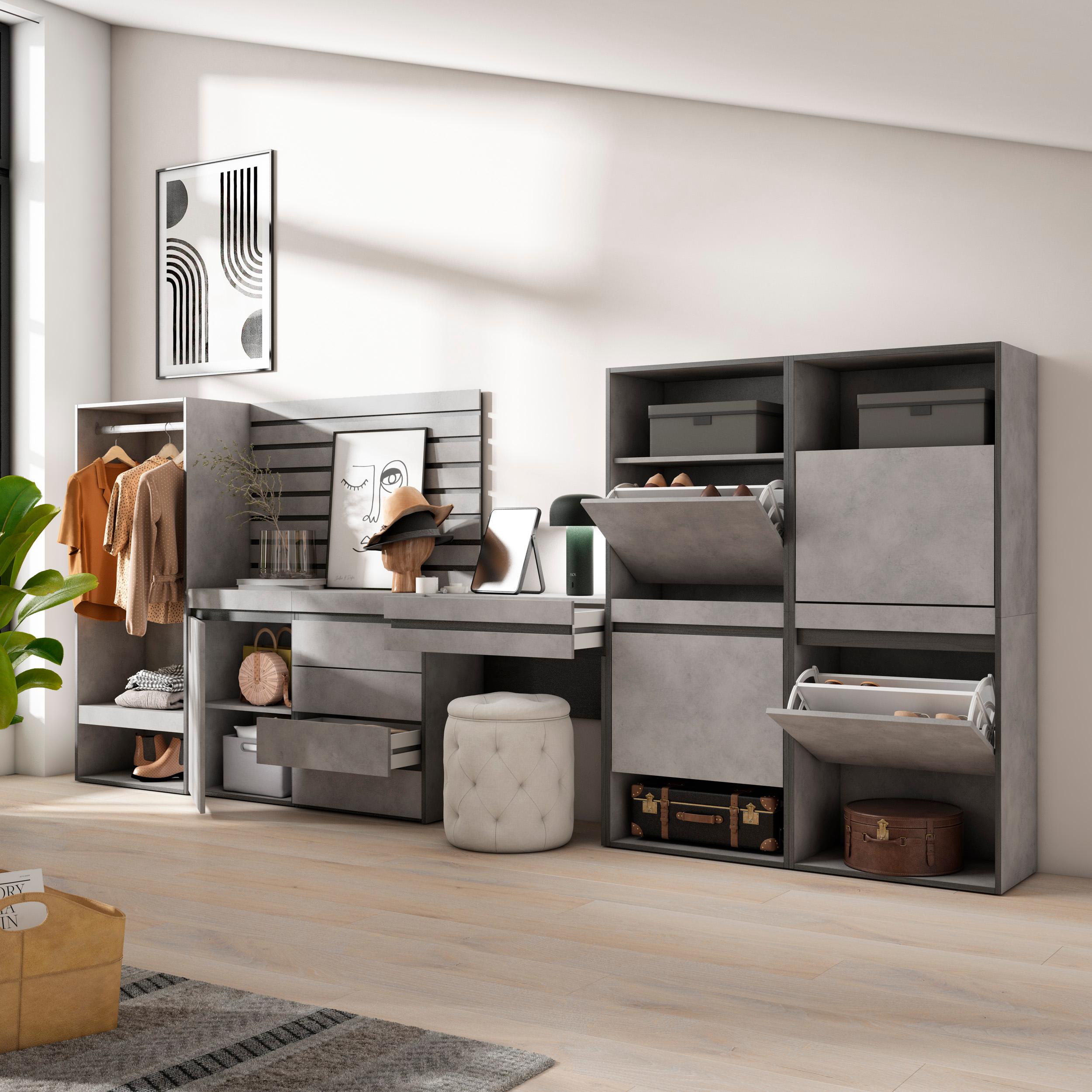 Scarpiera, 357x35x145cm, Camera da letto, Armadio Aperto, Cassettiera, Pannelli Decorativi, Tavolo da toeletta, grigio cemento RF3527