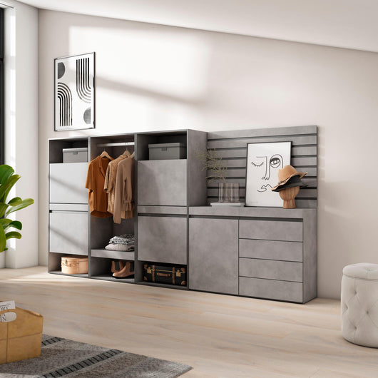 Scarpiera, 287x35x145cm, Camera da letto, Armadio Aperto, Cassettiera, Pannelli Decorativi, grigio cemento RF3526